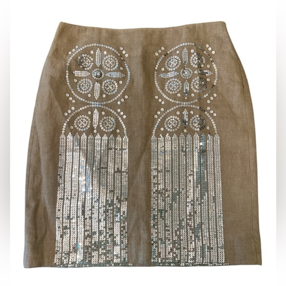 Tory Burch Linen Skirt Sequin & Rhinestone Embellished Beige Size 6 - Picture 7 of 7